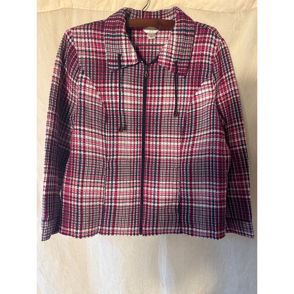 Christopher & Banks Full Zip Jacket Womens XL Pink Plaid Excellent Waffle Knit